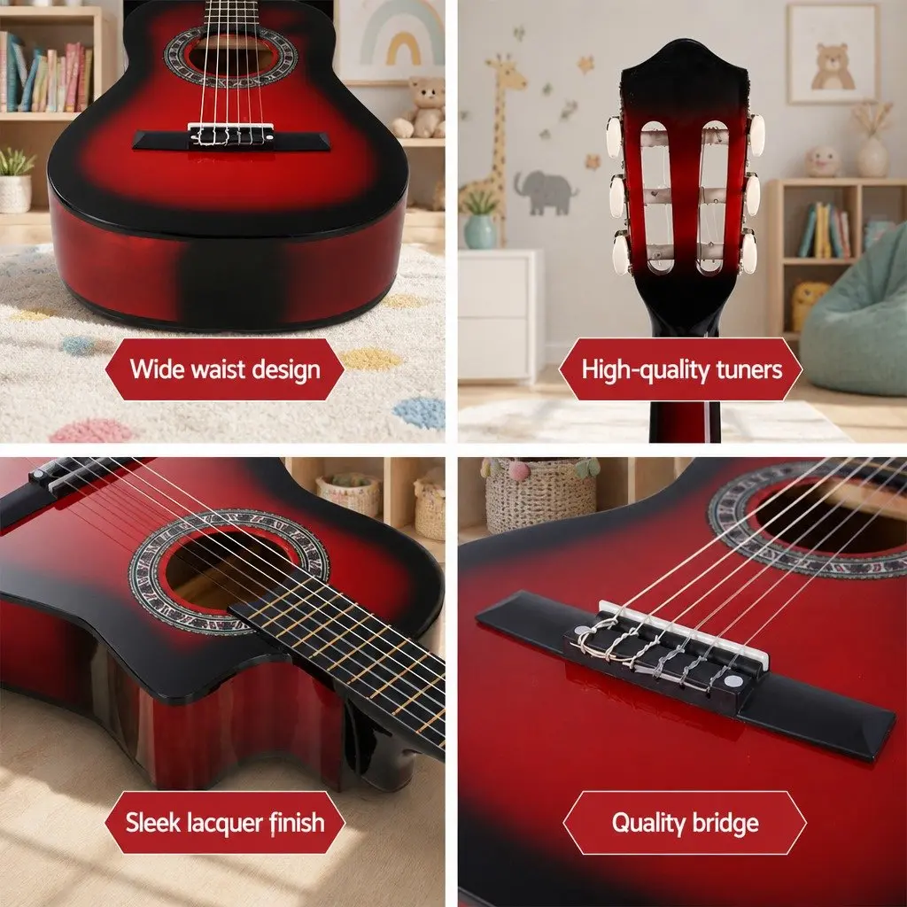34 Inch Classical Guitar Red Wooden Body Nylon String Beginner with Stand and Picks