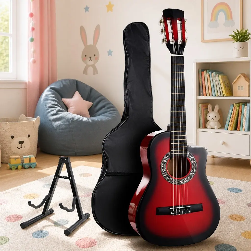 34 Inch Classical Guitar Red Wooden Body Nylon String Beginner with Stand and Picks