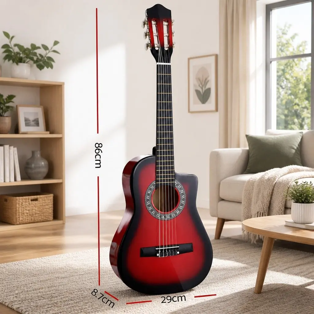 Classical Guitar Red 34 Inch Nylon String Wooden Body Auditorium Size for Beginners Kids