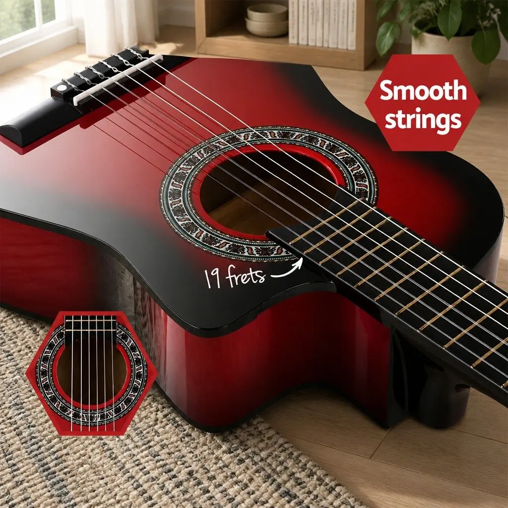 Classical Guitar Red 34 Inch Nylon String Wooden Body Auditorium Size for Beginners Kids