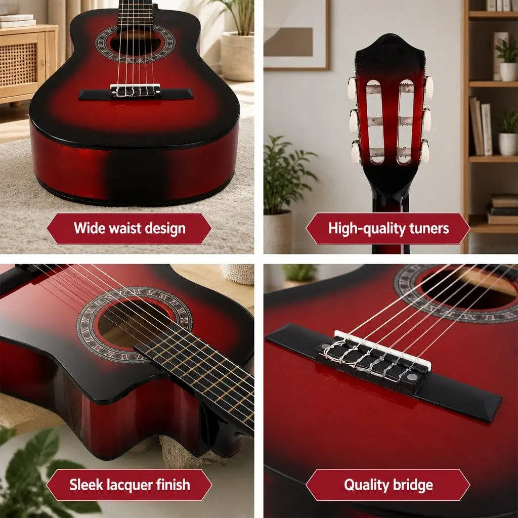 Classical Guitar Red 34 Inch Nylon String Wooden Body Auditorium Size for Beginners Kids