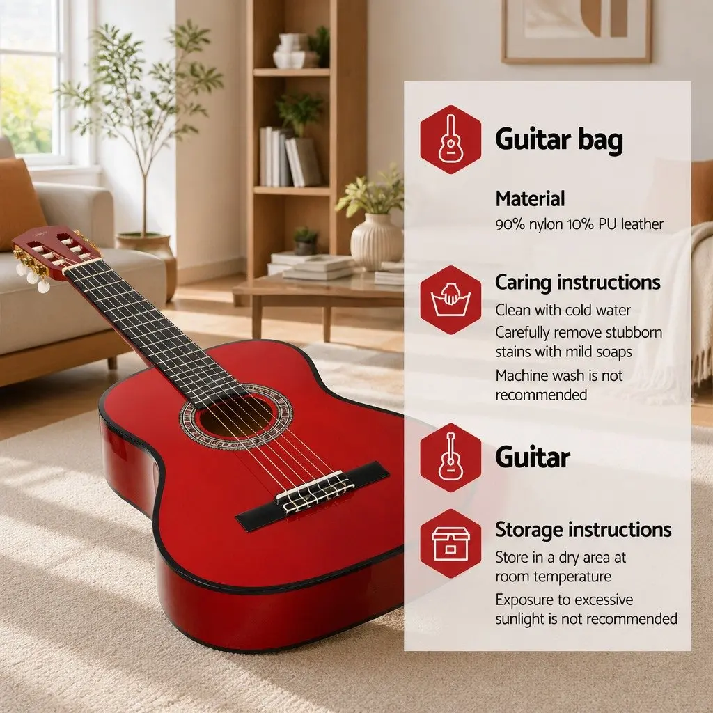 Classical Guitar Red 34 Inch Nylon String Wooden Body Auditorium Size for Beginners Kids