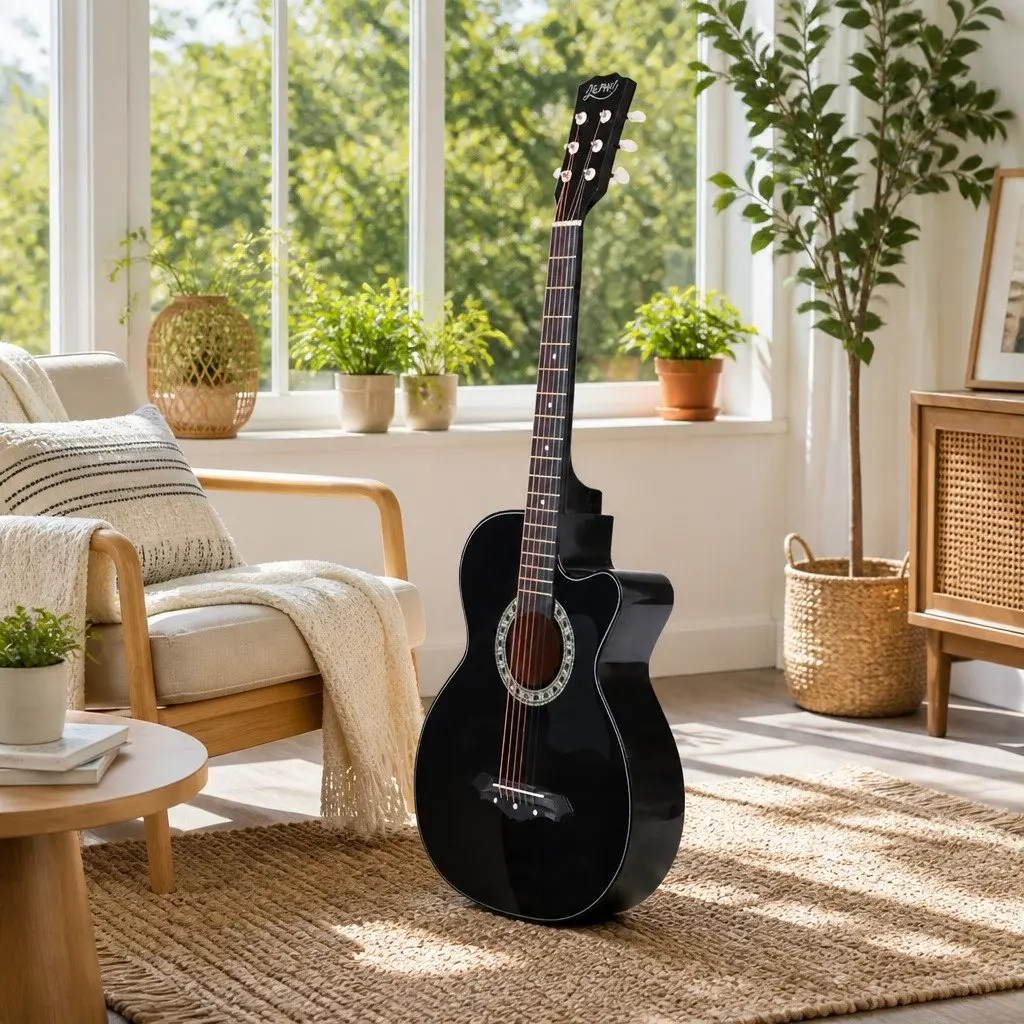 38 Inch Acoustic Cutaway Guitar Steel String Full Size Black Wooden Body With