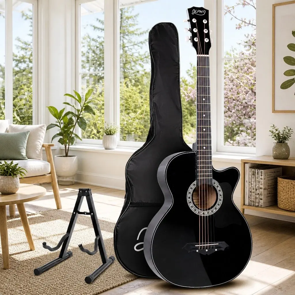 38 Inch Acoustic Cutaway Guitar Steel String Full Size Black Wooden Body With