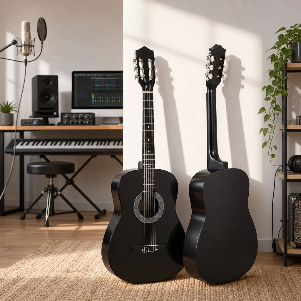 Acoustic Guitar Black 38 Inch Full Size Classical Cutaway Nylon String