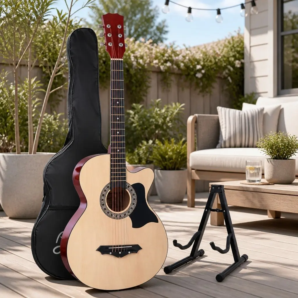Acoustic Guitar Natural Wood 38 Inch Cutaway Steel String Full Size with Stand Strap Bag