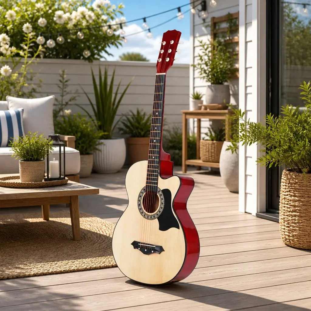 Acoustic Guitar Natural Wood 38 Inch Cutaway Steel String Full Size with Stand Strap Bag