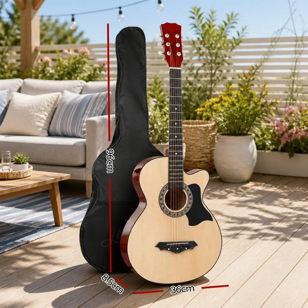 Acoustic Guitar Natural Wood 38 Inch Cutaway Steel String Full Size with Stand Strap Bag