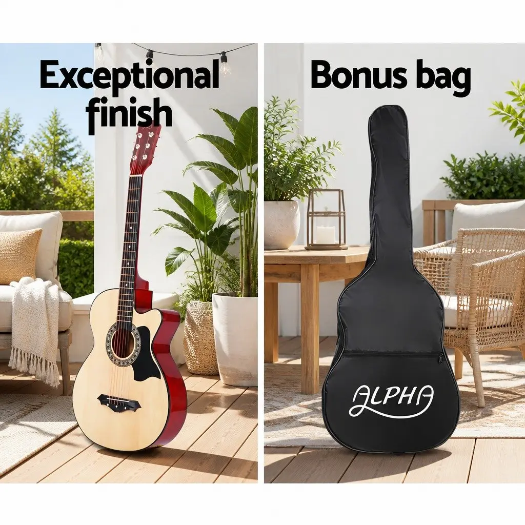 Acoustic Guitar Natural Wood 38 Inch Cutaway Steel String Full Size with Stand Strap Bag