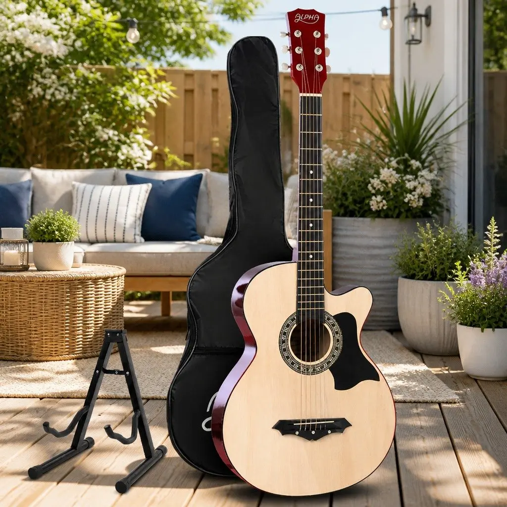 Acoustic Guitar Natural Wood 38 Inch Cutaway Steel String Full Size with Stand Strap Bag