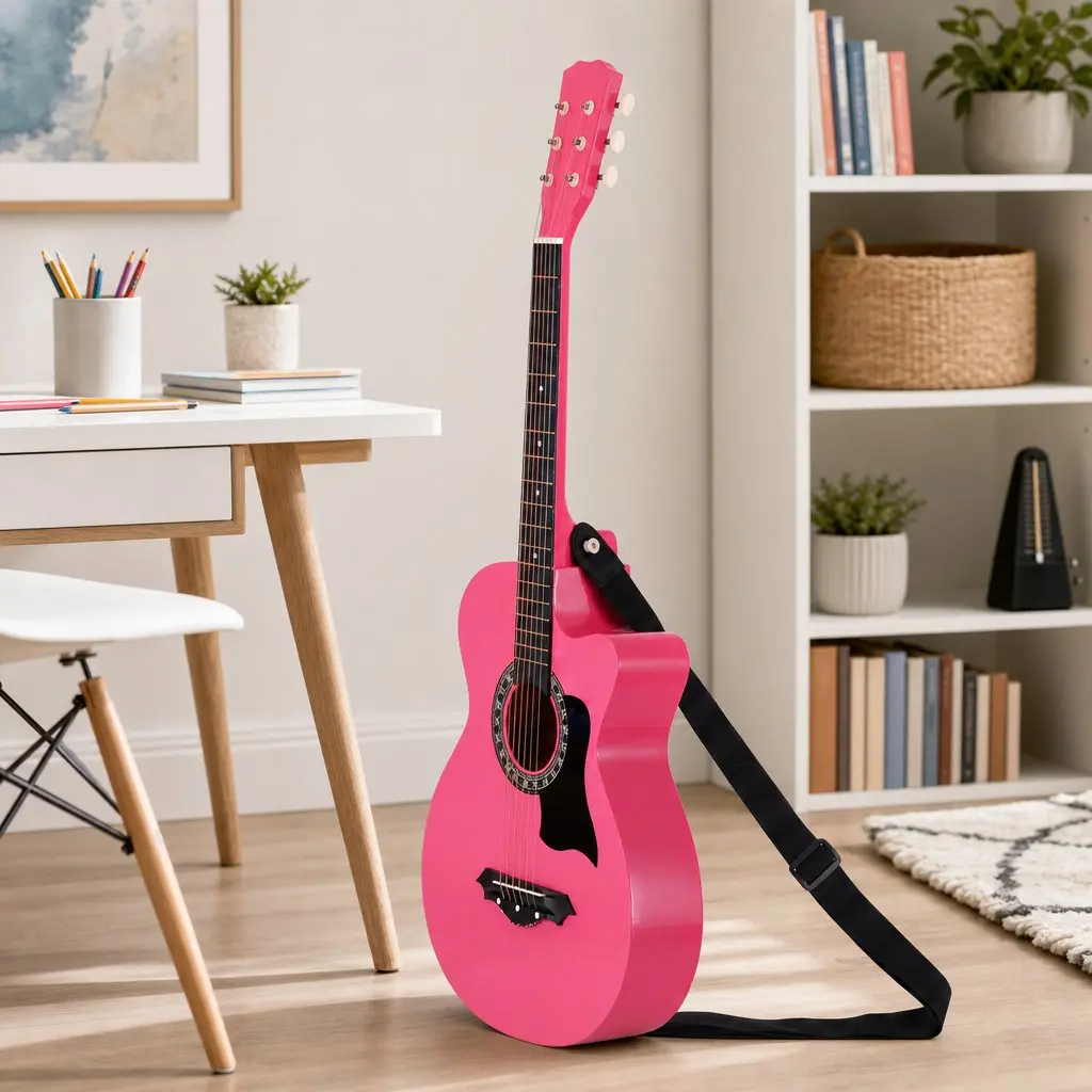38 Inch Acoustic Guitar Steel String Cutaway Folk Classical Right Handed Pink