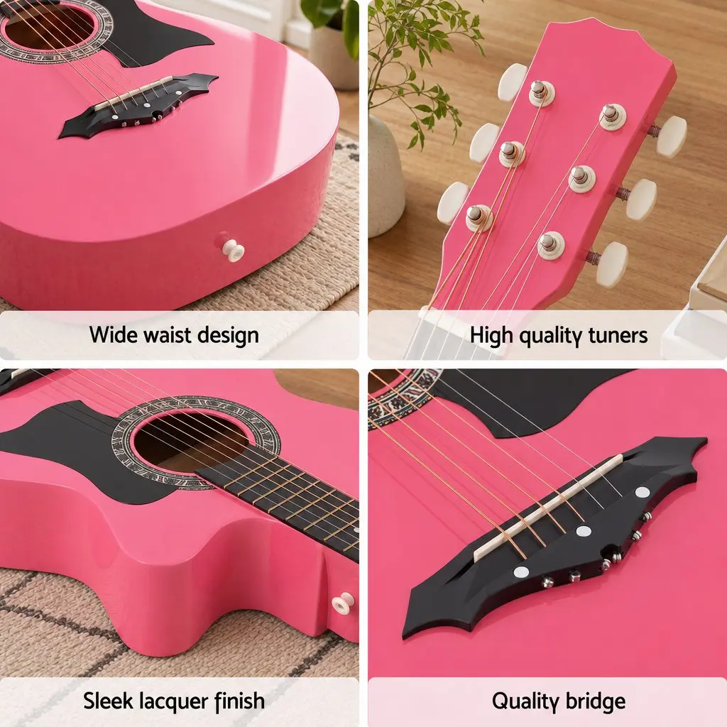 38 Inch Acoustic Guitar Steel String Cutaway Folk Classical Right Handed Pink