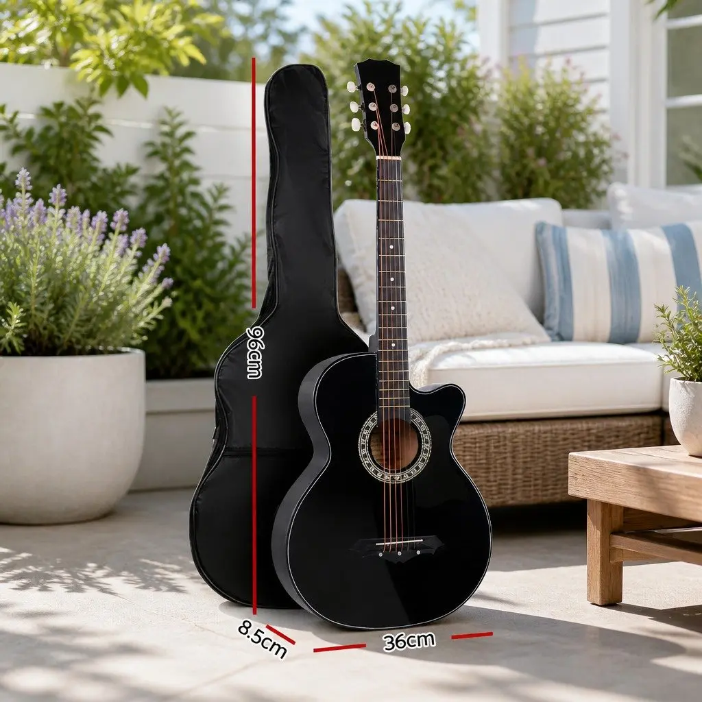 38 Inch Acoustic Cutaway Guitar Steel String Full Size Black Wooden Body Right