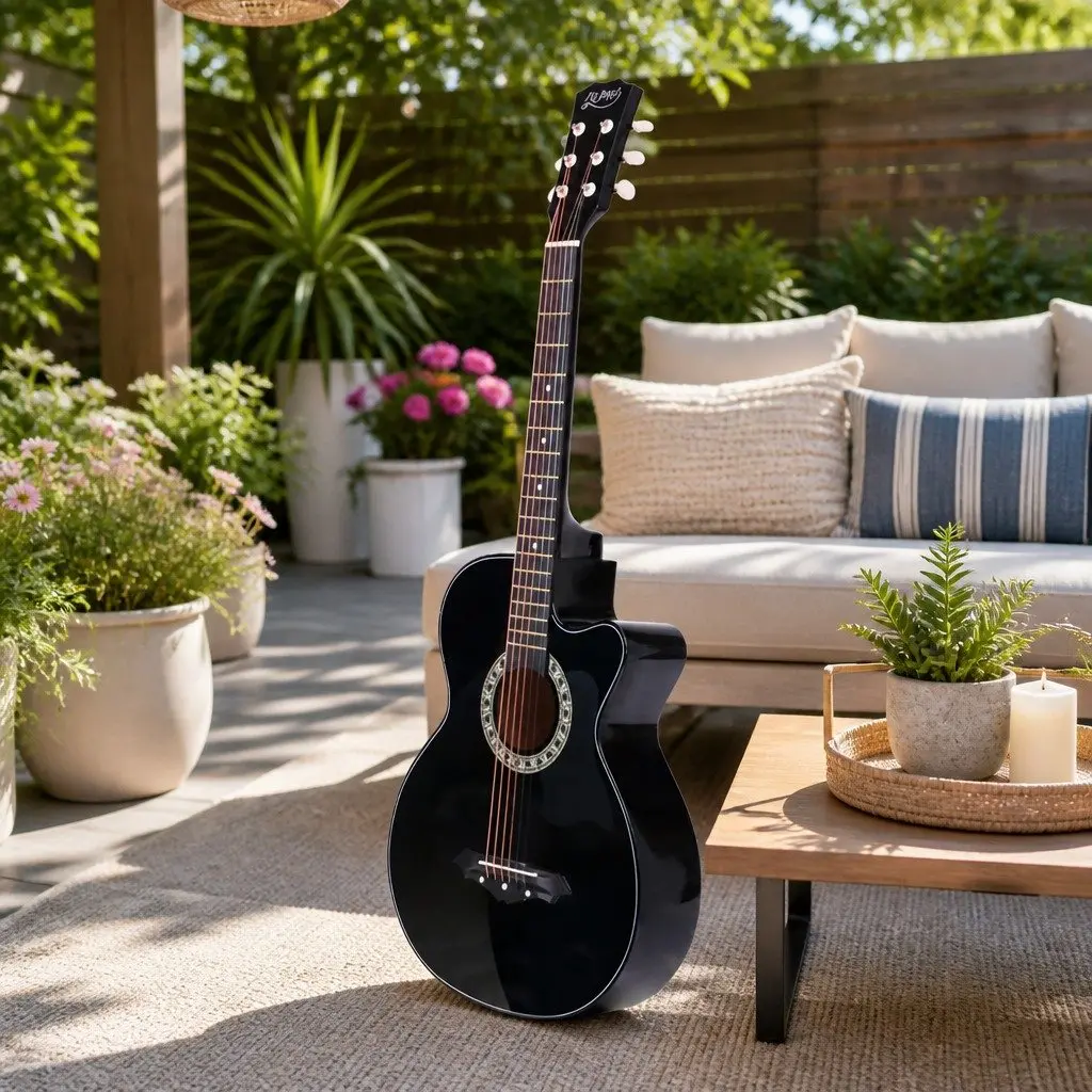 38 Inch Acoustic Cutaway Guitar Steel String Full Size Black Wooden Body Right