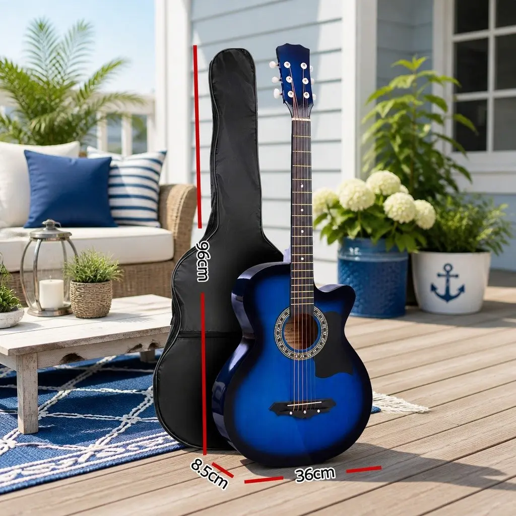 38 Inch Acoustic Cutaway Guitar Steel String Blue Wooden Body Beginners Music