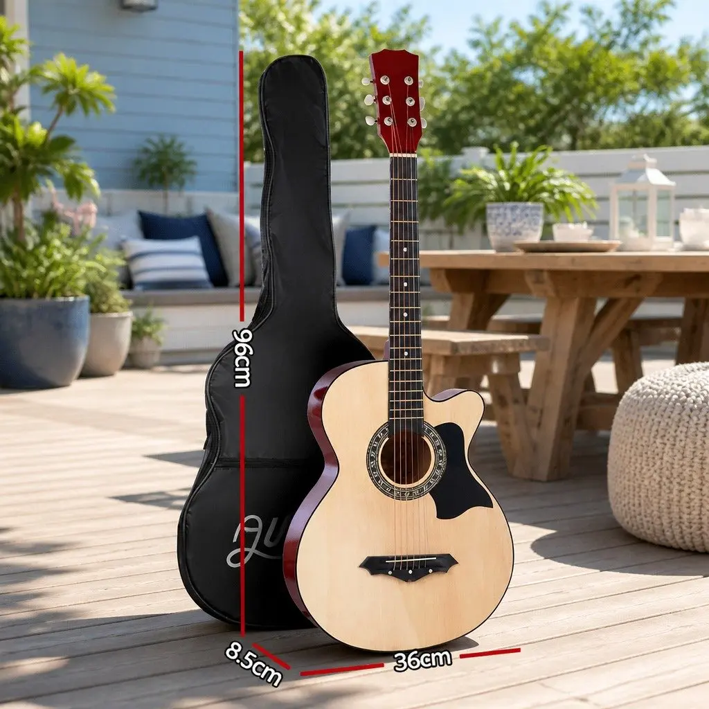 38 Inch Acoustic Cutaway Guitar Steel String Full Size Wooden Body Natural Wood