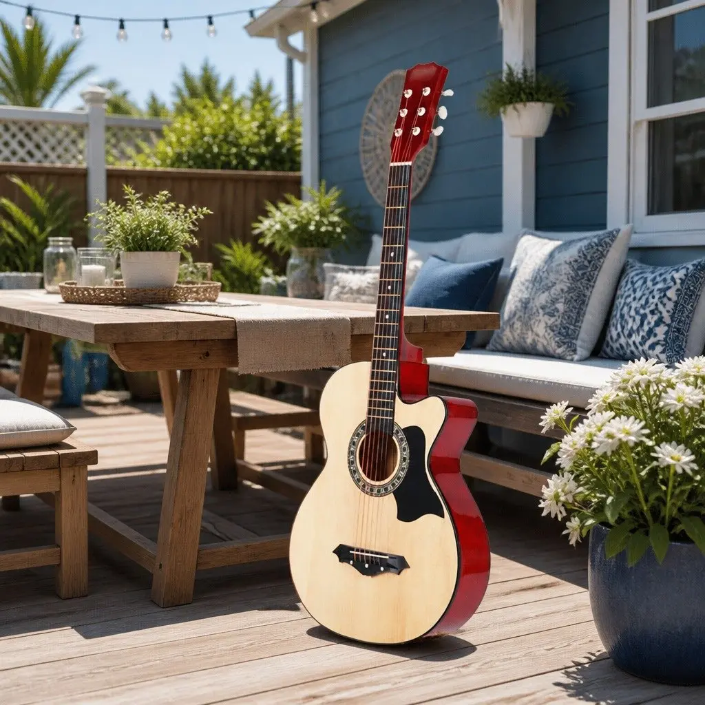 38 Inch Acoustic Cutaway Guitar Steel String Full Size Wooden Body Natural Wood