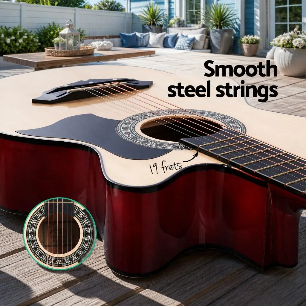 38 Inch Acoustic Cutaway Guitar Steel String Full Size Wooden Body Natural Wood