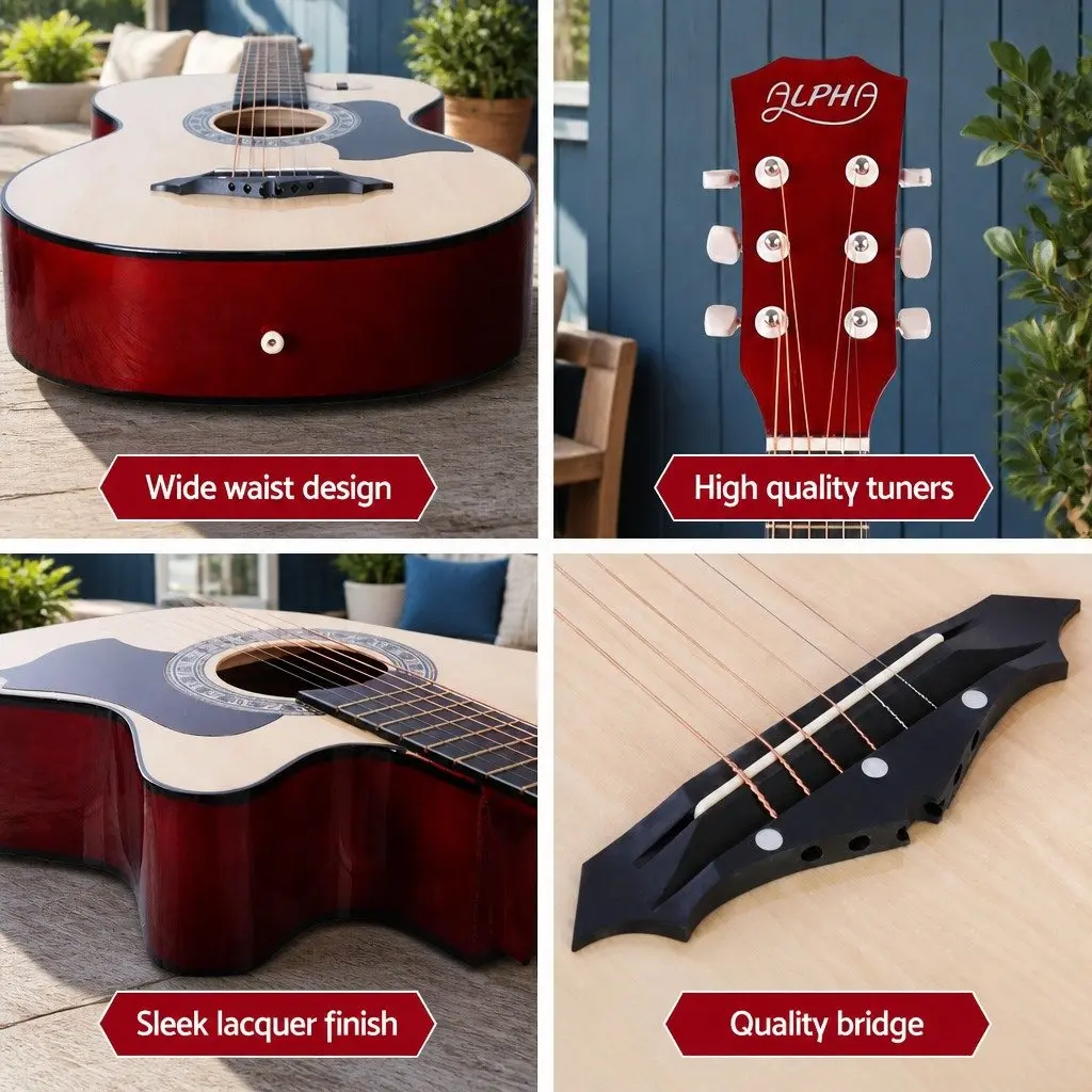 38 Inch Acoustic Cutaway Guitar Steel String Full Size Wooden Body Natural Wood