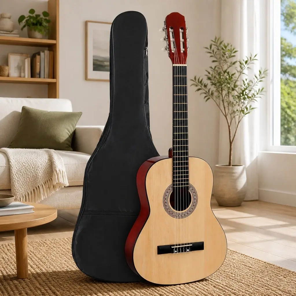Classical Guitar Natural Wood 39 Inch Wooden Body Nylon String Beginner Starter Pack