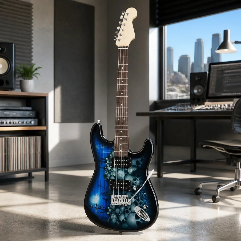 Electric Guitar Blue Full Size Strat-Style Humbucker Pickup 22 Frets Tremolo Bridge