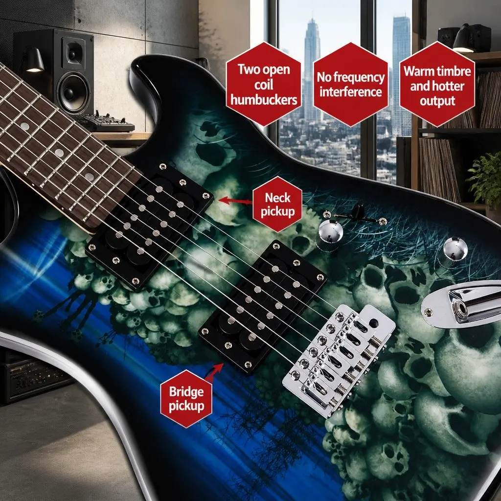 Electric Guitar Blue Full Size Strat-Style Humbucker Pickup 22 Frets Tremolo Bridge
