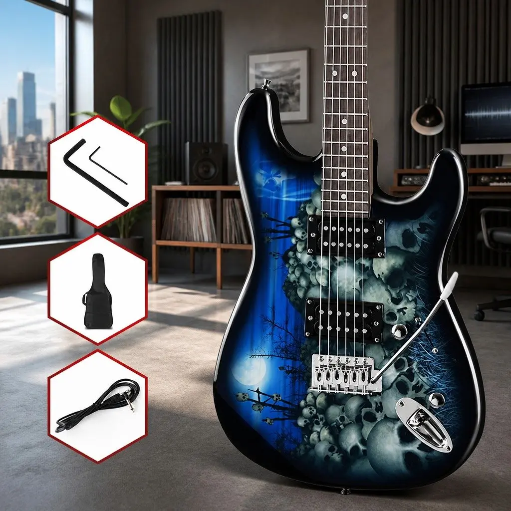 Electric Guitar Blue Full Size Strat-Style Humbucker Pickup 22 Frets Tremolo Bridge