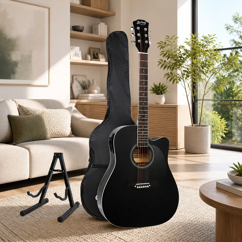 41 Inch Cutaway Acoustic Guitar 5-Band EQ Electric Output Black with Stand