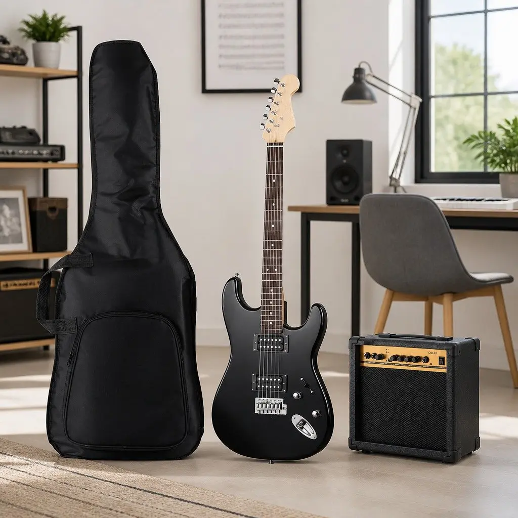 Electric Guitar Black Stratocaster Style 20W Amplifier Beginner Music Bundle