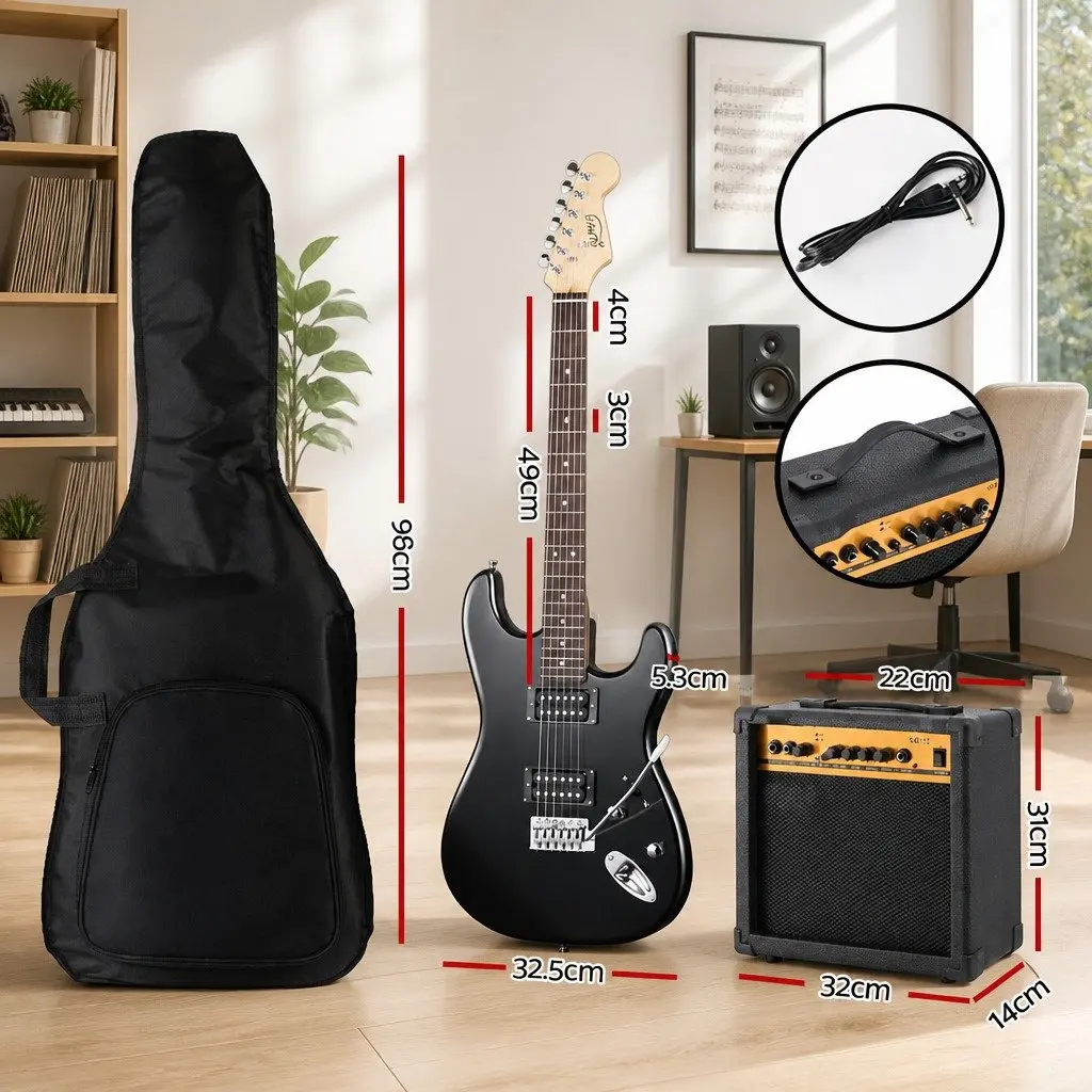 Electric Guitar Black Stratocaster Style 20W Amplifier Beginner Music Bundle