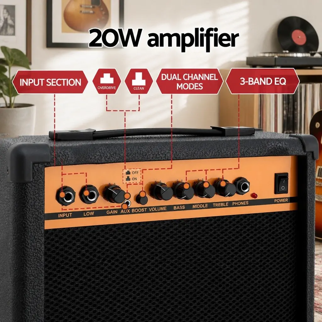 Guitar Amplifier Black 20W Portable Practice Amp 3-Band EQ Overdrive Headphone Jack