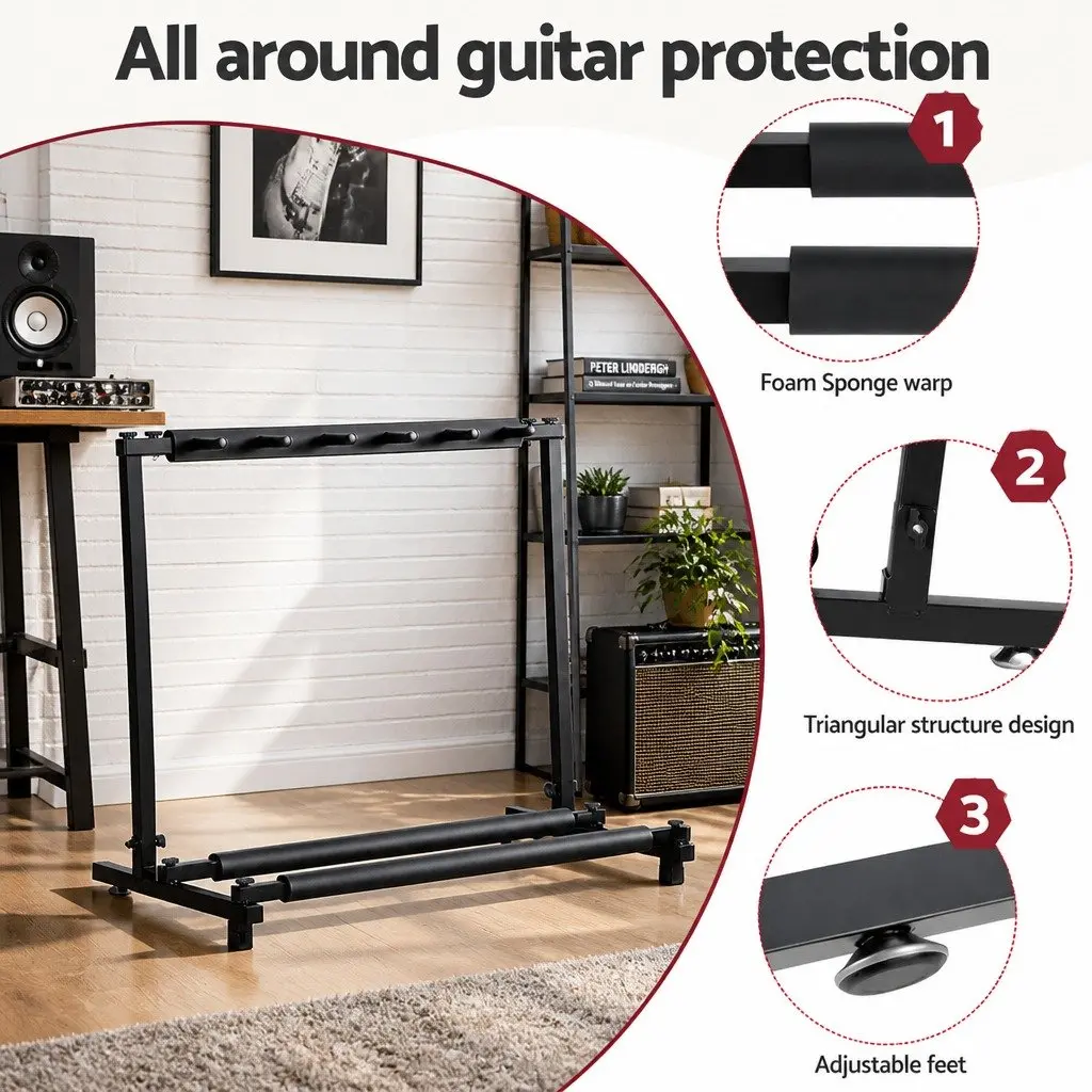 5-Guitar Folding Stand Rack Holder Black Adjustable Foam Padding