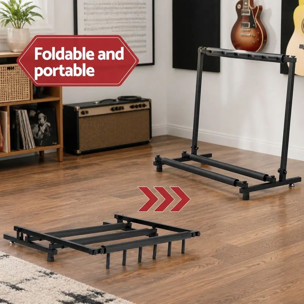 5-Guitar Folding Stand Rack Holder Black Adjustable Foam Padding