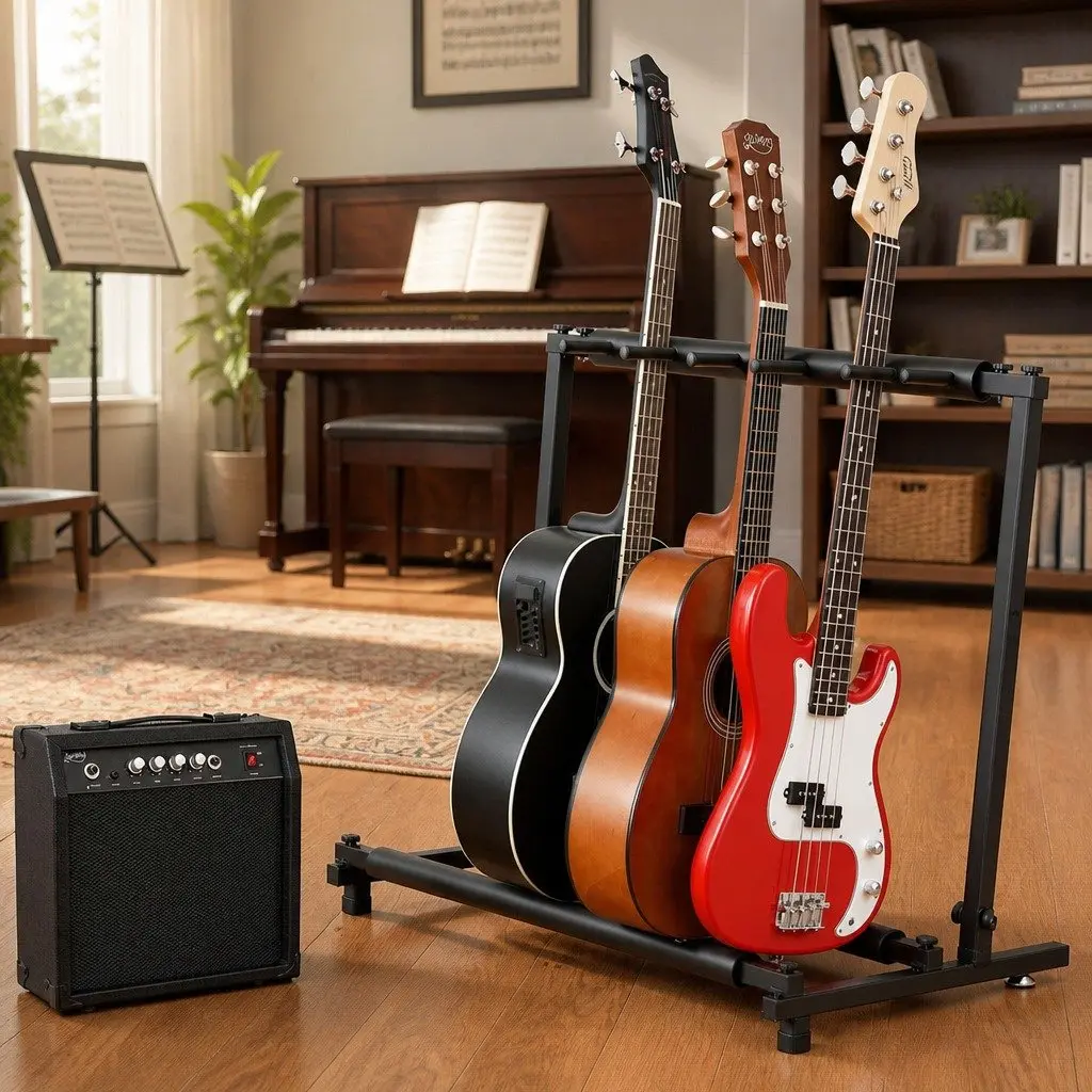 5-Guitar Folding Stand Rack Holder Black Adjustable Foam Padding