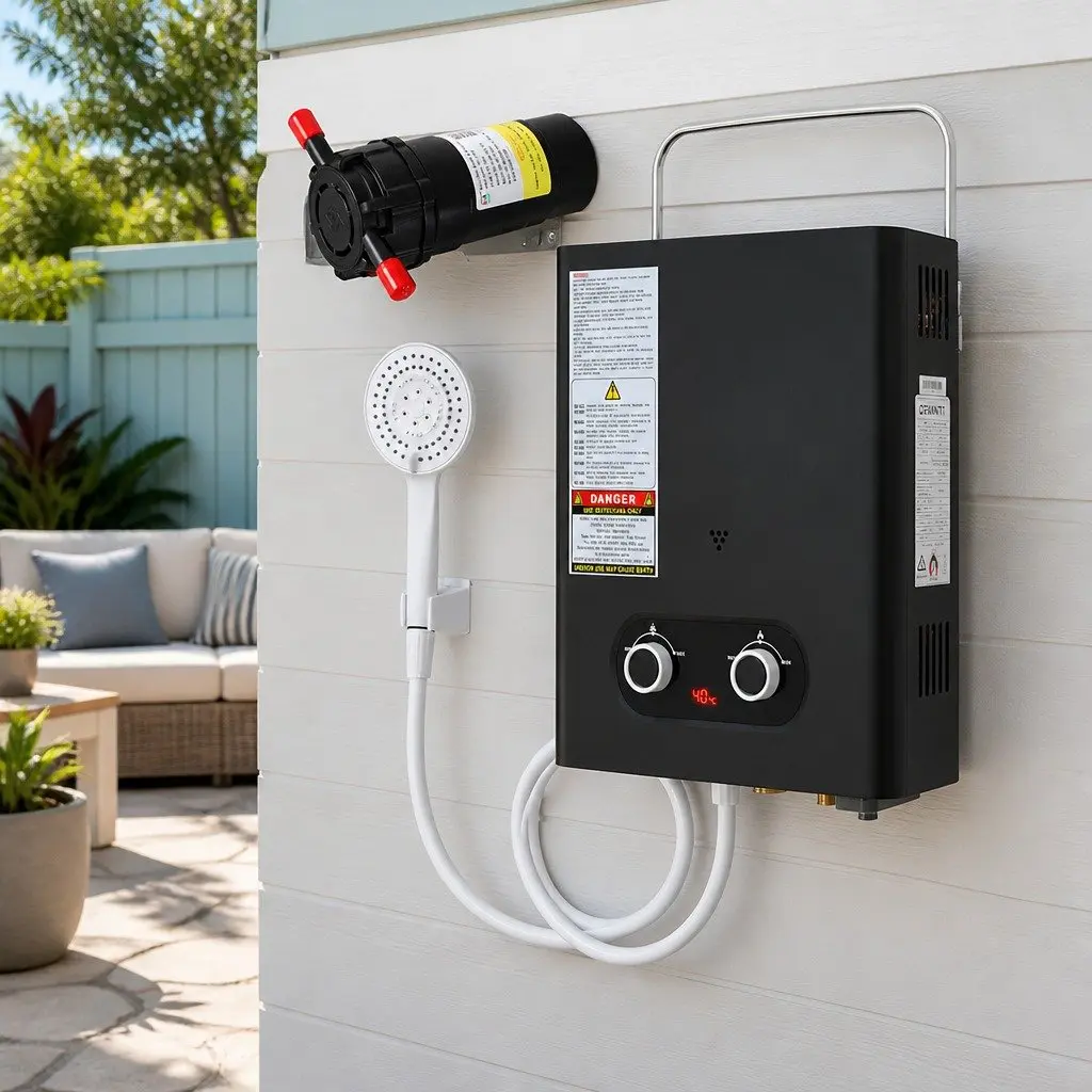 Portable Gas Water Heater Black Outdoor Shower with Pump 12V Adjustable Temperature LED Display