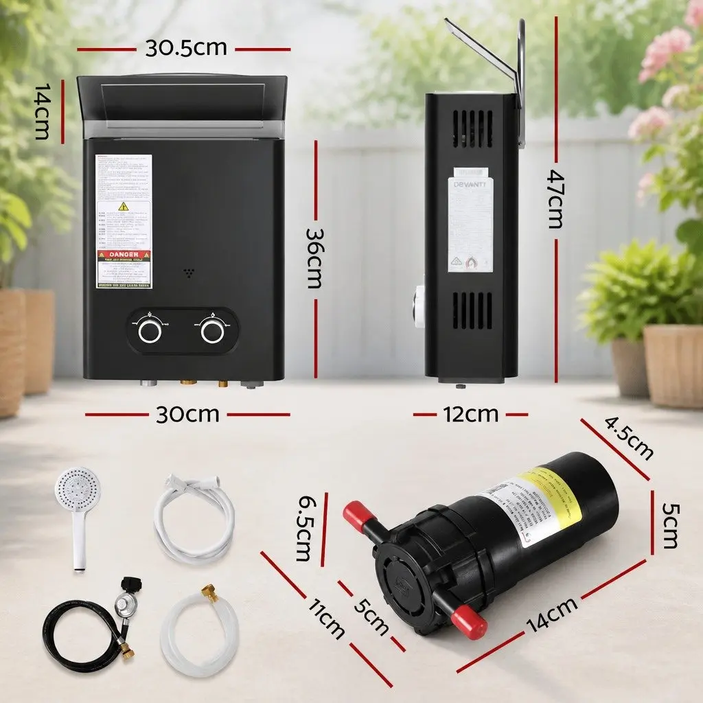 Portable Gas Water Heater Black Outdoor Shower with Pump 12V Adjustable Temperature LED Display