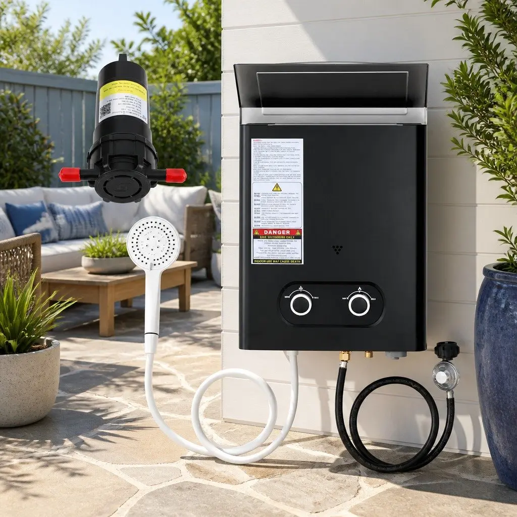 Portable Gas Water Heater Black Outdoor Shower with Pump 12V Adjustable Temperature LED Display