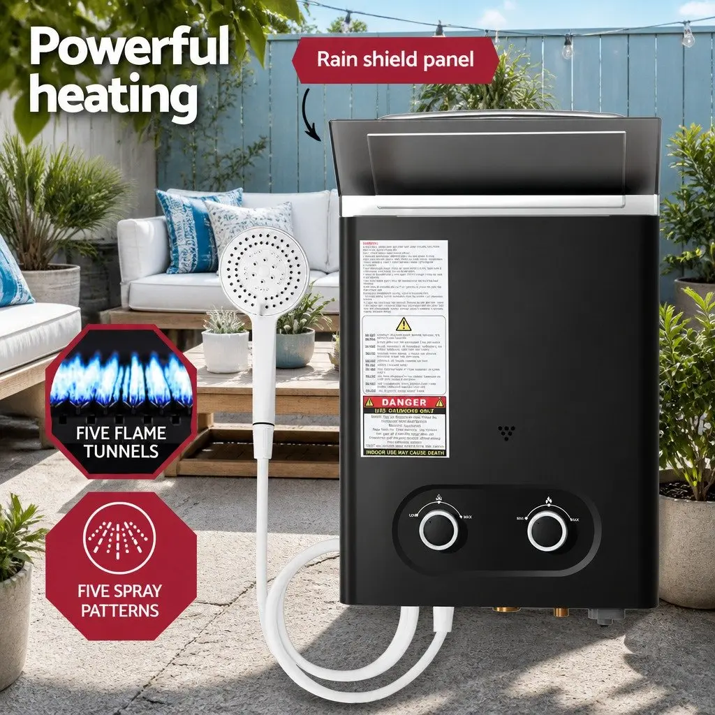 Portable Gas Water Heater Black Outdoor Shower with Pump 12V Adjustable Temperature LED Display
