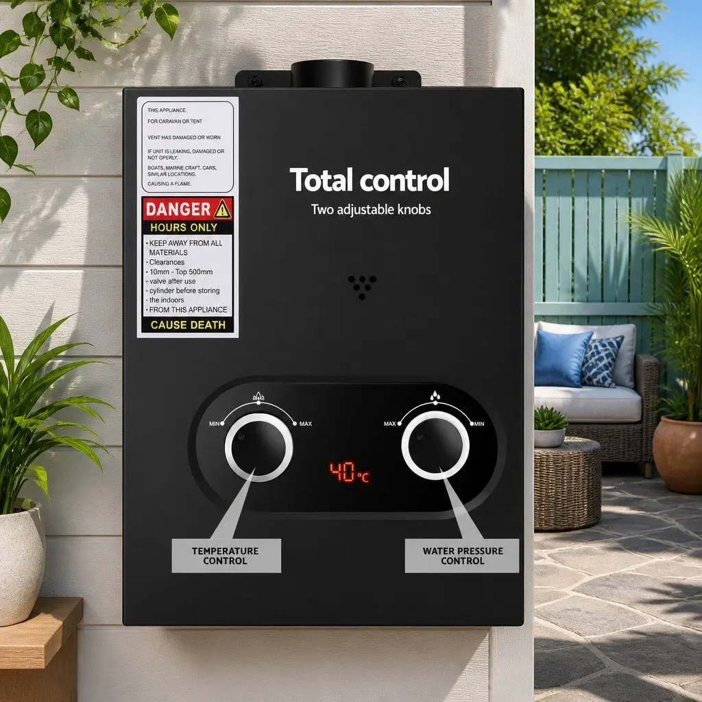 Portable Gas Water Heater Black Outdoor Shower with Pump 12V Adjustable Temperature LED Display
