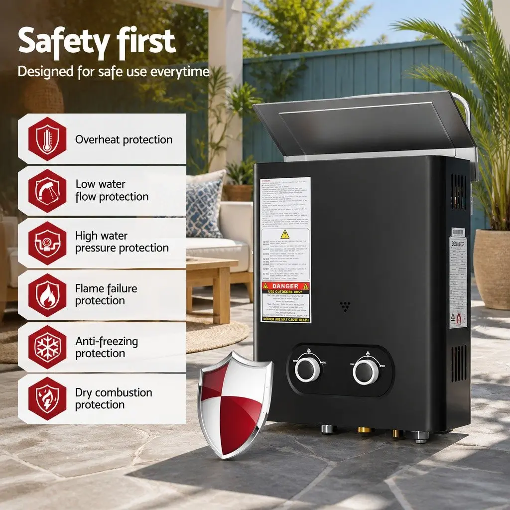 Portable Gas Water Heater Black Outdoor Shower with Pump 12V Adjustable Temperature LED Display
