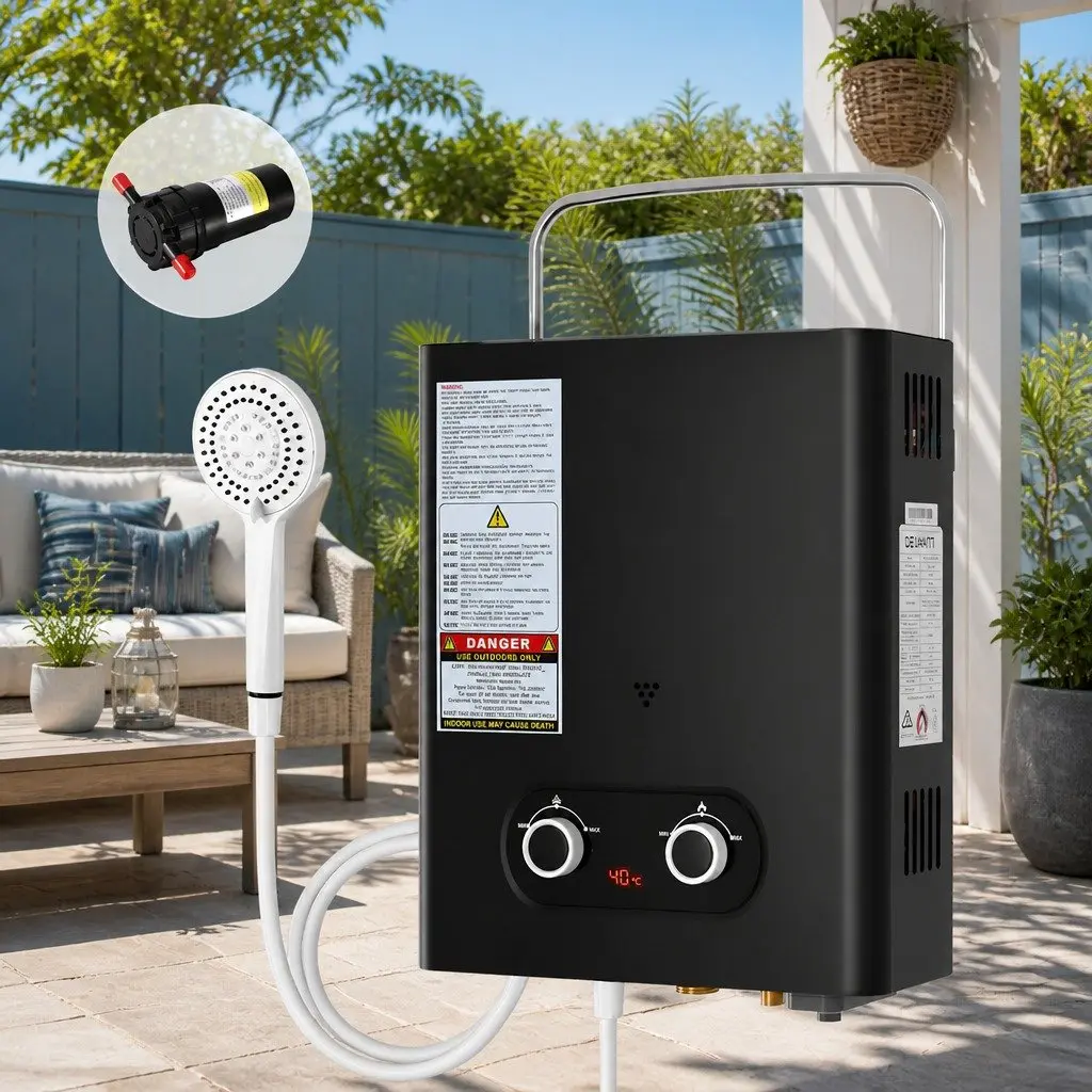 Portable Gas Water Heater Black Outdoor Shower with Pump 12V Adjustable Temperature LED Display