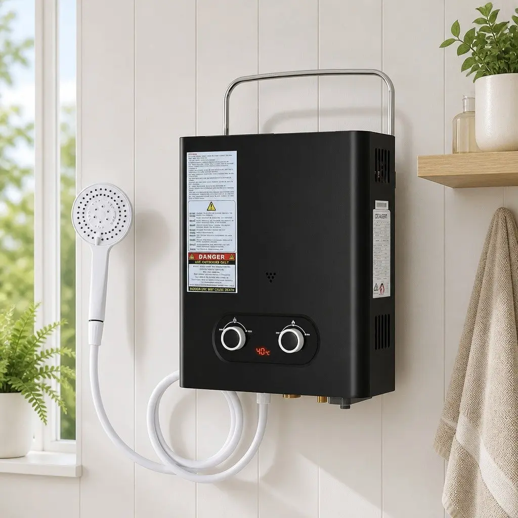 Portable Gas Water Heater Black Adjustable Temperature Control Outdoor Shower System