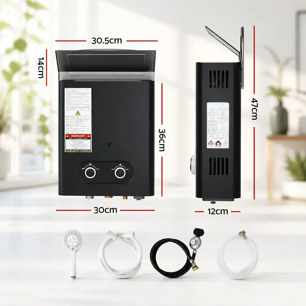 Portable Gas Water Heater Black Adjustable Temperature Control Outdoor Shower System