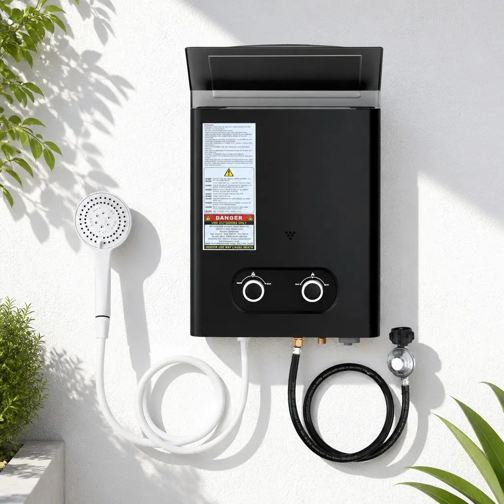 Portable Gas Water Heater Black Adjustable Temperature Control Outdoor Shower System