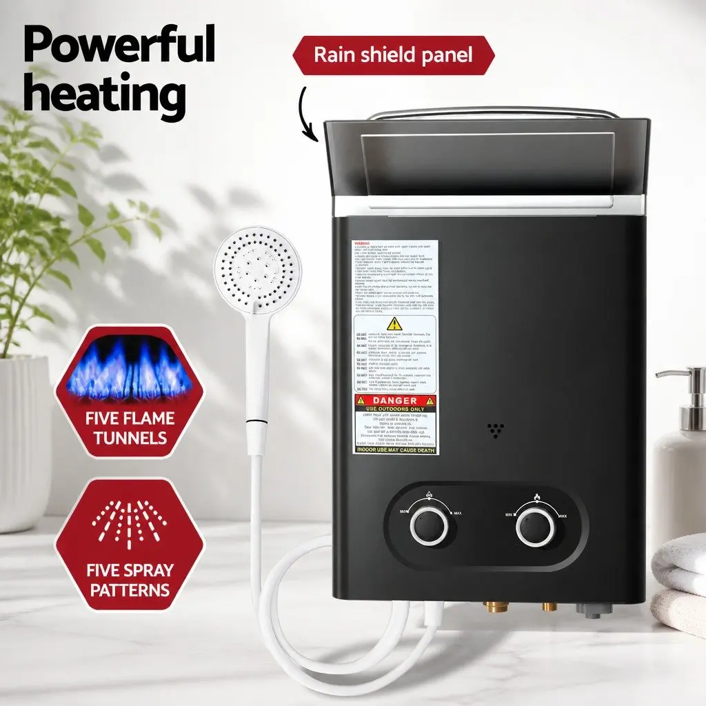 Portable Gas Water Heater Black Adjustable Temperature Control Outdoor Shower System