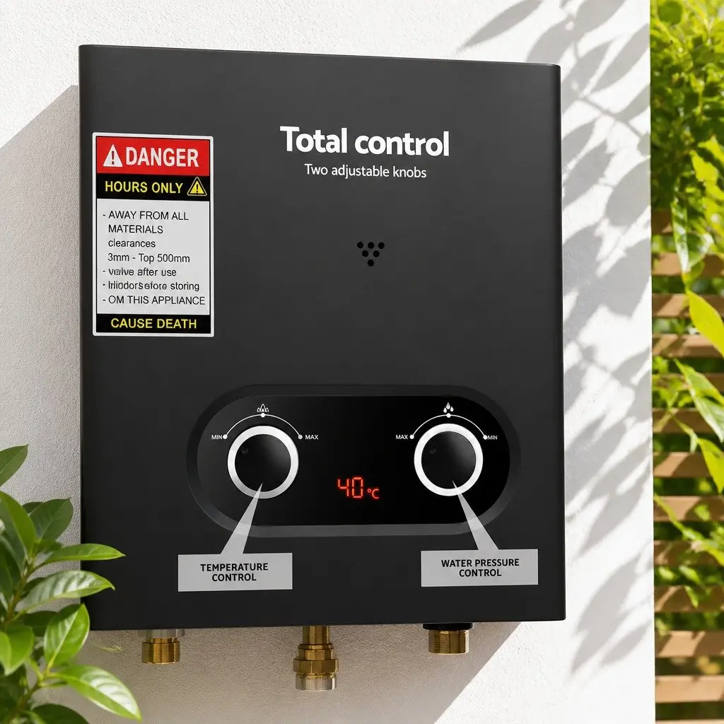 Portable Gas Water Heater Black Adjustable Temperature Control Outdoor Shower System