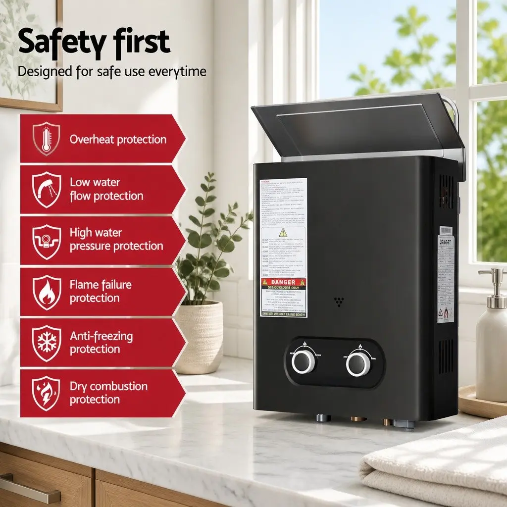 Portable Gas Water Heater Black Adjustable Temperature Control Outdoor Shower System