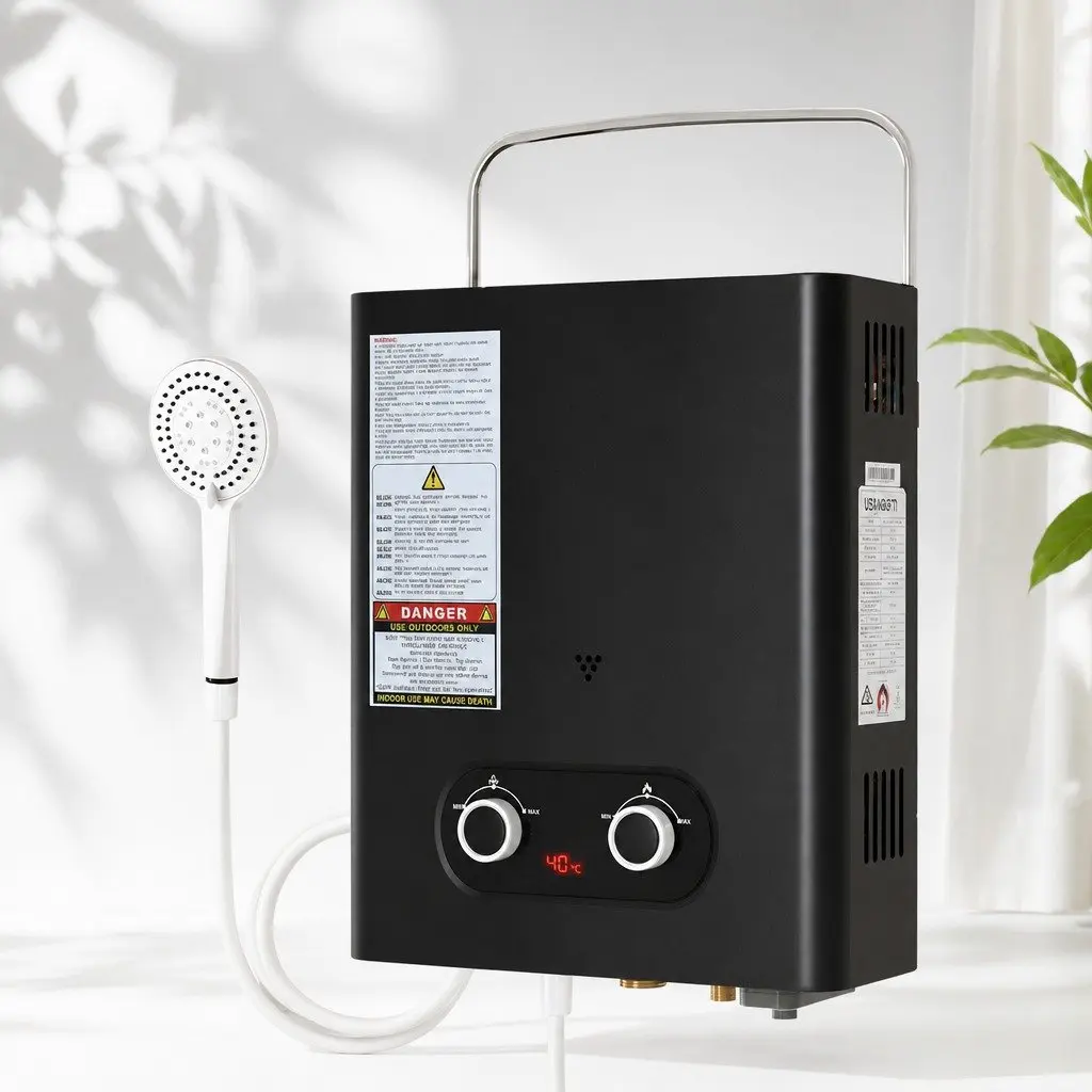 Portable Gas Water Heater Black Adjustable Temperature Control Outdoor Shower System
