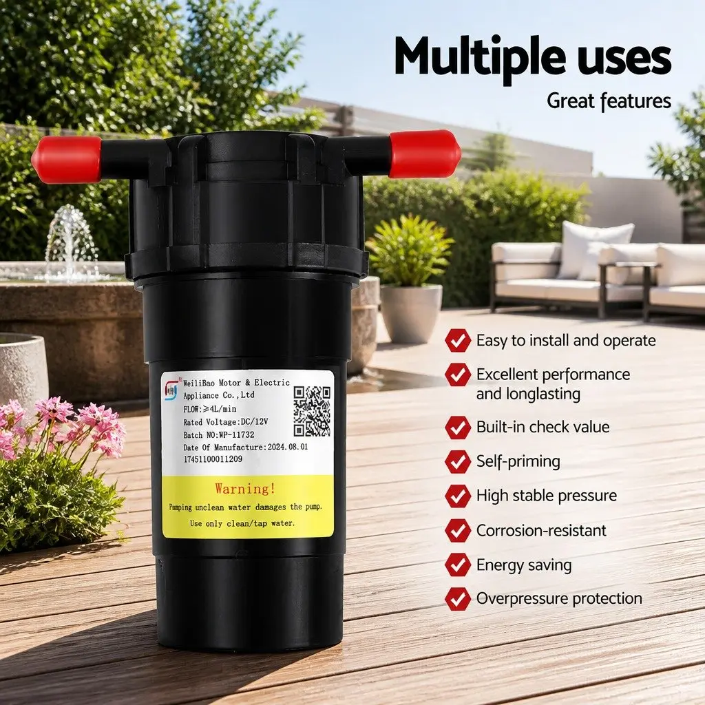 Water Pump Black 12V 4L/Min Flow Rate Self-Priming Diaphragm for Camping Caravan