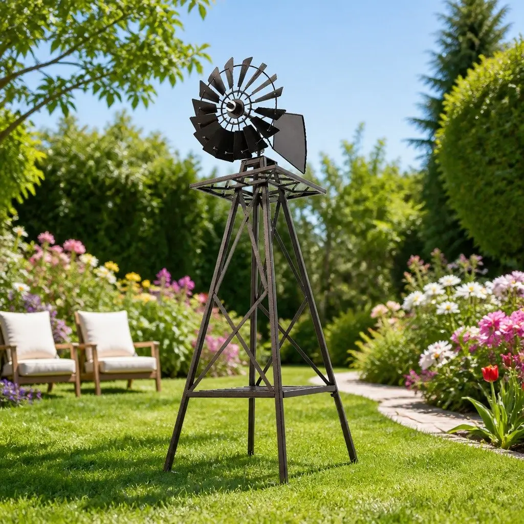 Garden Windmill Bronze Trim 120cm Metal Ornamental Outdoor Decor